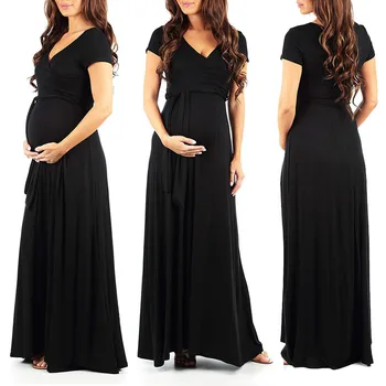 De Manga corta vestido de Maternidad de la Llanura Embarazadas Ropa de Vestir ropa de las mujeres de la Maternidad de Impresión de Larga embarazada Vestido rojo negro