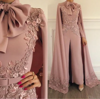 Elegante Musulmán Vestido De Noche 2020 Rubor Rosa Apliques De Encaje De Cuentas De La Tarde Pantalones De Dubái En Árabe Mangas Largas Vestido De Noche Formal