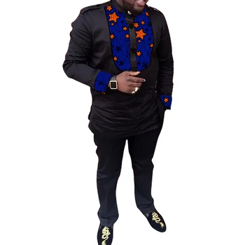 Moda negro dashiki patchwork camisetas+pantalones masculinos nuevas llegadas tradicional de los hombres de trajes de impresión Africana de la ropa