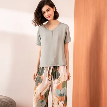 Verano Pijamas de Mujer a la Cómoda de Algodón Viscosa de Color que Contraste con el Pijama de Manga Corta Tops con Pantalones Largos de las Señoras Pj Conjunto