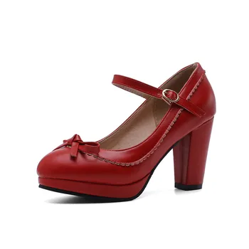 YMECHIC 2019 Nueva Lolita Mary Jane Parte de los Zapatos de Mujer de Tacón Alto de Bowtie Plataforma Rojo Blanco Negro Hebilla de Bombas las Mujeres Más el Tamaño