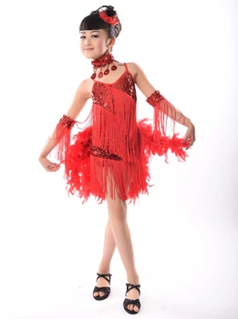 Nueva 2017 Niños Niño De Flecos, Lentejuelas Pluma Desempeño En El Escenario De La Competencia De Baile De Salón De Baile Traje De Baile Latino Vestido Para Las Niñas