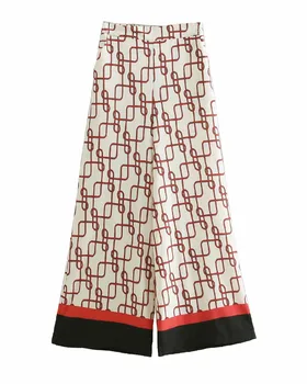 De las mujeres Blusa de trajes de 2021 Primavera de Ocio Traje Conjunto Rojo de la Cuerda de Impresión Camisa Amplia de la Pierna de los Pantalones de Pijama Estilo de la Impresión de Dos piezas de este Conjunto