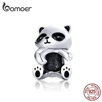 BAMOER Panda Abrazo de Cuentas de Metal para las Mujeres Joyería de la Plata Esterlina 925 Animal Encantos Ajuste de 3 mm de Plata de la Pulsera de la SCC1175