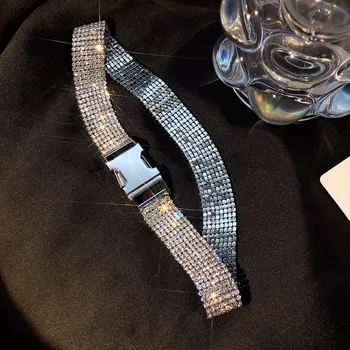 Francés Retro Bling Bling Rhinestone Amplia Gargantillas Collar de Mujer de Plata de Color de Metal con Cinturón Grueso de la Cadena de Collares de la Joyería