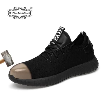 Nueva exhibición de los hombres de Moda los Zapatos de Seguridad Transpirable volando tejida Anti-aplastamiento de acero puntera Anti-perforación de la fibra de trabajo para hombre de los Zapatos