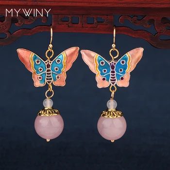 MYWINY 5 colores de la naturaleza piedras cuelgan étnico brillantes aretes de moda vintage de cloisonné de la mariposa de la joyería