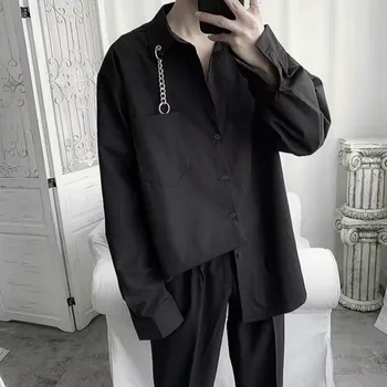 Hombres Camisetas manga Larga Negro Turn-down Collar Inteligente de Verano Casual coreano de la Moda de Sólidos Simple Todo-partido de la Camisa BF Suelto Chic