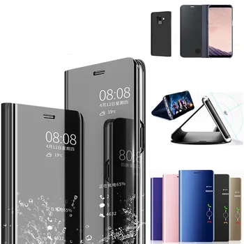 De lujo Inteligente Espejo Flip Case Para Samsung J3 J4 J6 J7 J8 2018 S10 S9 S8 S7 S6 cubierta de color negro para samsung galaxy a7 2018 A8 A6 caso