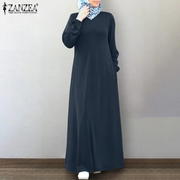 2021 Mujeres Sólida Kaftan Otoño Musulmana con Hiyab Vestido ZANZEA Vintage de Manga Larga Larga Maxi Vestidos Vestido Femenino Túnica Más el Tamaño