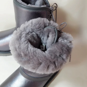 SANLUME las Mujeres de Invierno de piel de Oveja de Cuero botas de Nieve Real de Oveja Botas de Piel de Negro Gris Botas a prueba de agua Tamaño 41