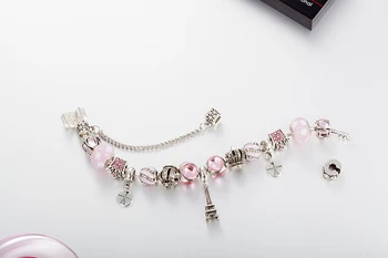 VIOVIA Nueva Rosa de Cristal de la Corona de Perlas de la Torre Eiffel Encanto brazaletes y Pulseras Con Cadena de Seguridad de la Pulsera de las Mujeres de la Joyería B17075