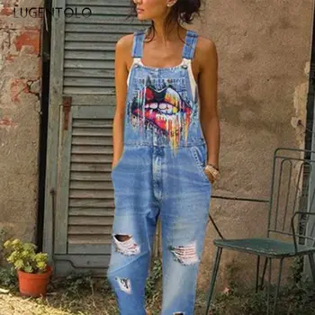 Lugentolo de las Mujeres del Dril de algodón General Jeans Lavados Popular Arrancó Impreso Labio Liga de la Moda de Bolsillo de la Mujer Casual de Jeans Largo