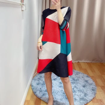 LANMREM otoño pliegues de la ropa famale 2021 Flojo de las Mujeres plisado vestido de gran tamaño delgado de color bloque de patchwork printted vestido 2A024