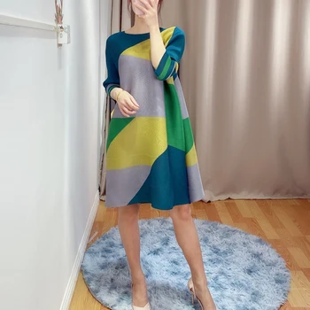 LANMREM otoño pliegues de la ropa famale 2021 Flojo de las Mujeres plisado vestido de gran tamaño delgado de color bloque de patchwork printted vestido 2A024