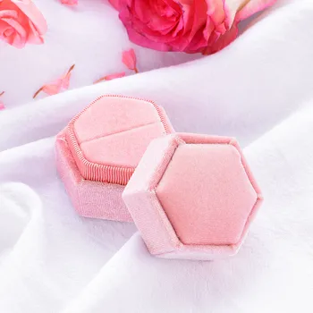 Kuololit Rosa de Terciopelo Hexagonal Anillo de la caja para las Mujeres hechas a Mano del Anillo de Cajas de Joyería de la Boda de Compromiso de la Novia de Regalo de Empaquetado de la Pantalla