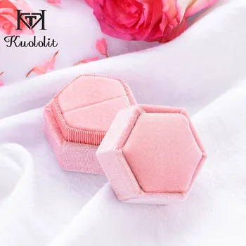 Kuololit Rosa de Terciopelo Hexagonal Anillo de la caja para las Mujeres hechas a Mano del Anillo de Cajas de Joyería de la Boda de Compromiso de la Novia de Regalo de Empaquetado de la Pantalla