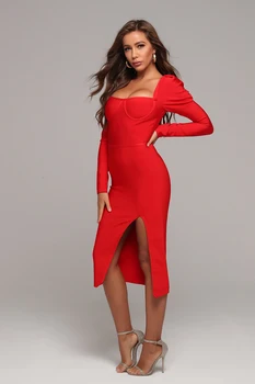 VC Todas Envío Gratis 2020 Nuevo Elegante Vestido Rojo de Mangas abullonadas Diseño Sexy Split Midi Vestido de Fiesta de famosos Club de Vendaje Vestido