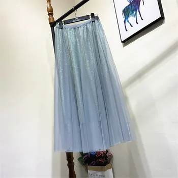 Nuevo de la Moda de Primavera de las Mujeres Liangsi Malla Faldas Otoño Señora Cintura Elástica y Falda Plisada Midi Largo de Una línea de Hadas de la Falda de la Femme WZ1131