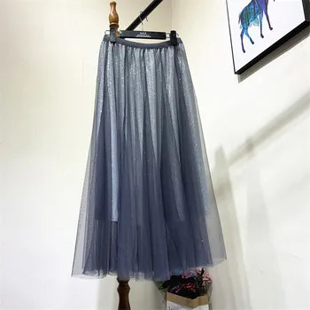 Nuevo de la Moda de Primavera de las Mujeres Liangsi Malla Faldas Otoño Señora Cintura Elástica y Falda Plisada Midi Largo de Una línea de Hadas de la Falda de la Femme WZ1131