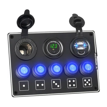 5 Pandilla Basculante de Doble Cargador USB LED Volmeter con Interruptor 12V de Salida Pre-Cableado del Interruptor de Panel para el Coche Camión, Barco de la Marina de los SUV