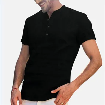 Hombres Camisas de Lino de Manga Corta Transpirable Hombres Holgadas Camisas Casuales Slim Fit Sólido Camisetas de Algodón Sudadera para Hombre Tops Blusa