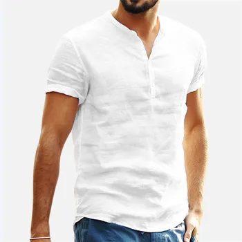 Hombres Camisas de Lino de Manga Corta Transpirable Hombres Holgadas Camisas Casuales Slim Fit Sólido Camisetas de Algodón Sudadera para Hombre Tops Blusa