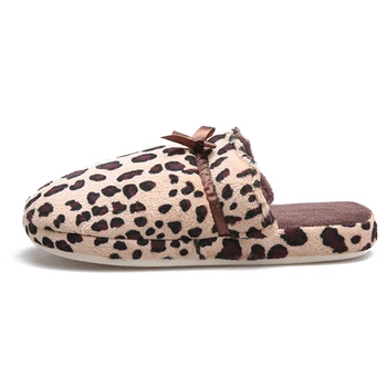Zapatillas de casa de la mujer de la Moda del leopardo de impresión de algodón de Mujer zapatillas de invierno en interiores bowknot mujer zapatillas de gamuza con plataforma de goma