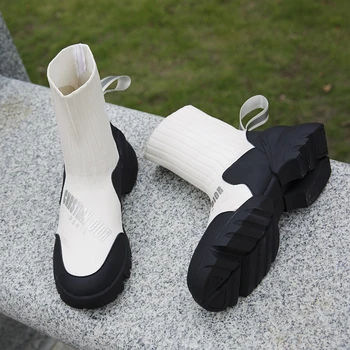 Knittins Calcetín de Botas de Mujer de Primavera 2021 Slip-On de Tobillo Botas para las Mujeres de la Plataforma de Botas Mujer grueso Grueso Estirar las Botas de las Mujeres Calientes