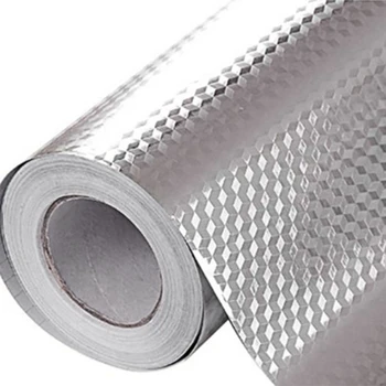 5M 3D Cúbicos de Rejilla de Aluminio de la Prueba de Aceite de la etiqueta Engomada de la Cocina de la Cáscara de Naranja Líneas de papel de Aluminio Estufa de Gabinete Impermeable Adhesivo de Plata de Vinilo Wallpa