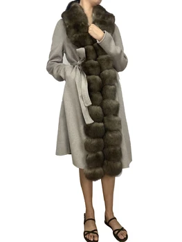 Personalizar X-tiempo Real Fox Cuello de Piel Abrigo de Lana Para Mujer Abrigos de Invierno 2020 Femenina Genuina Piel de Abrigo Con Cinturón