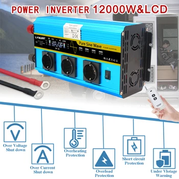 Control remoto inalámbrico LCD 12000W DC 12V a AC 230V Convertidor de Suministro de Energía Solar 4USB 4FAN con 3AC de ENCHUFE de la UE inversor de corriente