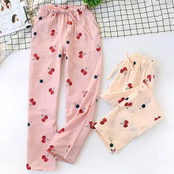Primavera Otoño Pantalones de Pijama para Mujer Pantalones de Sección Delgada Japonés a Cuadros Algodón Hogar Pantalones de Doble Capa de Gasa Pantalones