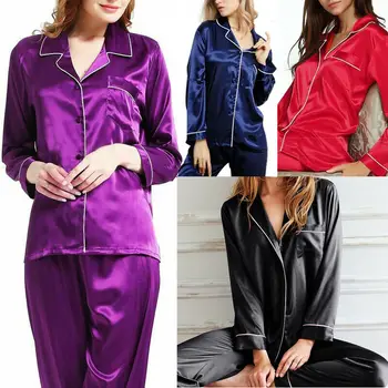 Caliente Mujer de Larga Pijamas Conjuntos de Sólidos 2Pcs Cierre de Botón de Seda-como la Moda de las Señoras de Satén ropa de dormir con Pantalones de Pijamas Traje de S-XL