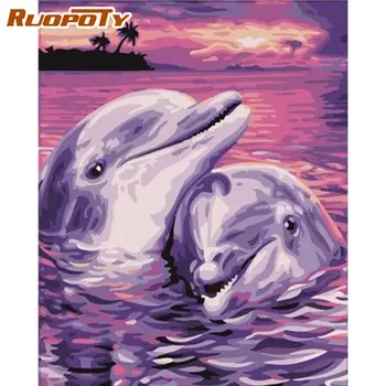 RUOPOTY Imagen Por Números de Dos Delfines Animal Pintura Por Número Únicas hechas a Mano de Bricolaje Regalo 60x75cm Enmarcada Lienzo de la Pared de la Foto