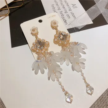 Coreano de la Moda de la Flor de la Borla Pendientes de Cristal de la Perla del Pendiente de Gota de Lujo de la Joyería de Moda Largos Aretes para Mujer Mayorista