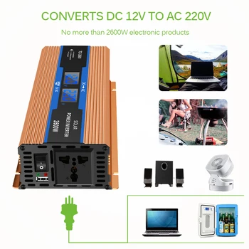 Onever Coche inversor de 2600 W DC 12 V AC 220 V Potencia del Inversor Cargador Convertidor Resistente y Duradero Vehículo Interruptor de la Alimentación