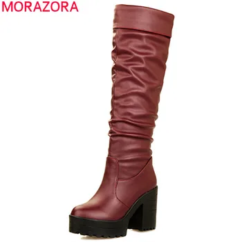 MORAZORA 2020 de la venta caliente zapatos de tacón alto de la plataforma de botas de las mujeres de la pu del dedo del pie redondo de otoño invierno de la rodilla botas altas caliente fiesta de baile zapatos de mujer