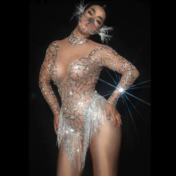 Brillantes diamantes de Imitación de Plata de Desnudos de Malla Transparente Fringe Traje Lujoso Baile de Disfraces Sexy Discoteca Bar DJ Cantante Etapa de Desgaste