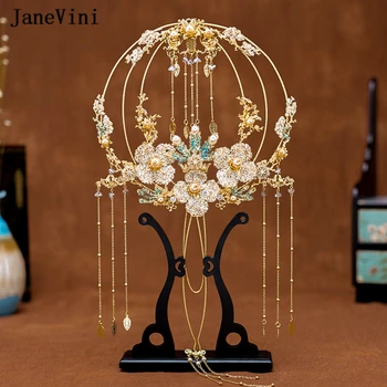 JaneVini de Lujo de Oro de Cristal de Novia Fan de Doradas Flores de Mariposa Ramos de Novia Estilo Chino de la Mano Ramo de flores para Xiu Wo Vestido
