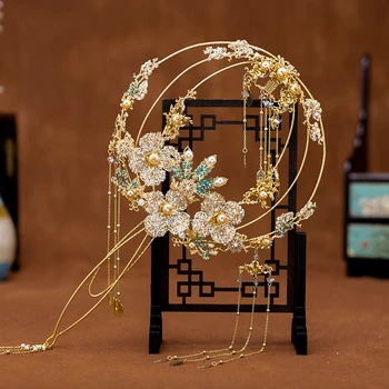 JaneVini de Lujo de Oro de Cristal de Novia Fan de Doradas Flores de Mariposa Ramos de Novia Estilo Chino de la Mano Ramo de flores para Xiu Wo Vestido