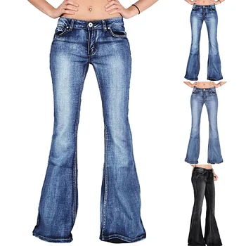 MONERFFI la Moda de las Mujeres del Dril de algodón de Cintura Alta Flare Jeans Skinny Jeans de Pierna Ancha Hembra Suelta el Botón de los Pantalones Largos de Nuevo los Pantalones Casuales