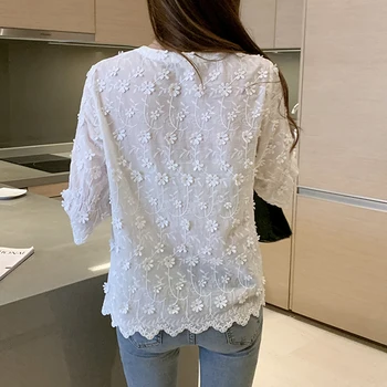 2021 Elegantes Blusas de Verano Nuevo Estereoscópica Bordado de Encaje Blanco de la Camisa Blusa de Algodón Floral de Manga Corta de Mujer de la Camisa de 9638
