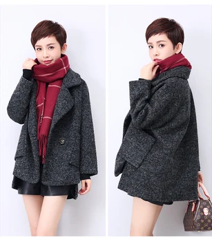 Otoño Invierno Corto Tops Sueltos abrigo de Lana femenina Cabo Abrigos de Tweed Negro de las mujeres de Nueva Espesar Señoras abrigos ropa de moda de corea
