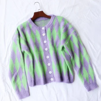 Li Zhien iu con el verde y el púrpura del diamante de cuadros retro suéter de mohair cuadros engrosamiento de vestir de tejidos de punto cardigan