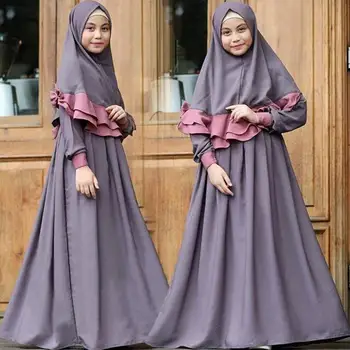 2PCS Árabe Niñas de Manga Larga Vestido Maxi Hiyab Conjunto de los Niños de los Musulmanes a la Oración Abaya Jilbab Partido Islámico del Vestido de la Ropa del Traje de Oriente Medio