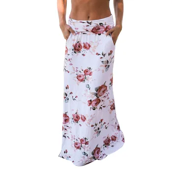 Bohemio de las Mujeres de Playa de Verano de la Flor de Impresión de Bajo de la Cintura Largo Maxi Falda con Bolsillos