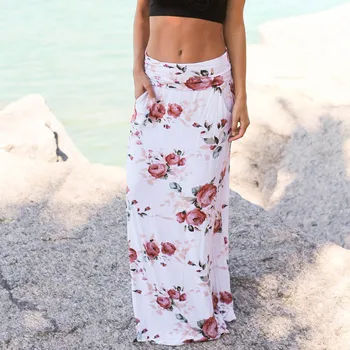 Bohemio de las Mujeres de Playa de Verano de la Flor de Impresión de Bajo de la Cintura Largo Maxi Falda con Bolsillos