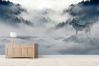 [Auto-Adhesivo] 3D Lobo Niebla Nieve Bosque de Las 8 de la Pared de Papel mural de la Pared de Impresión de calcomanías Murales
