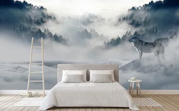 [Auto-Adhesivo] 3D Lobo Niebla Nieve Bosque de Las 8 de la Pared de Papel mural de la Pared de Impresión de calcomanías Murales